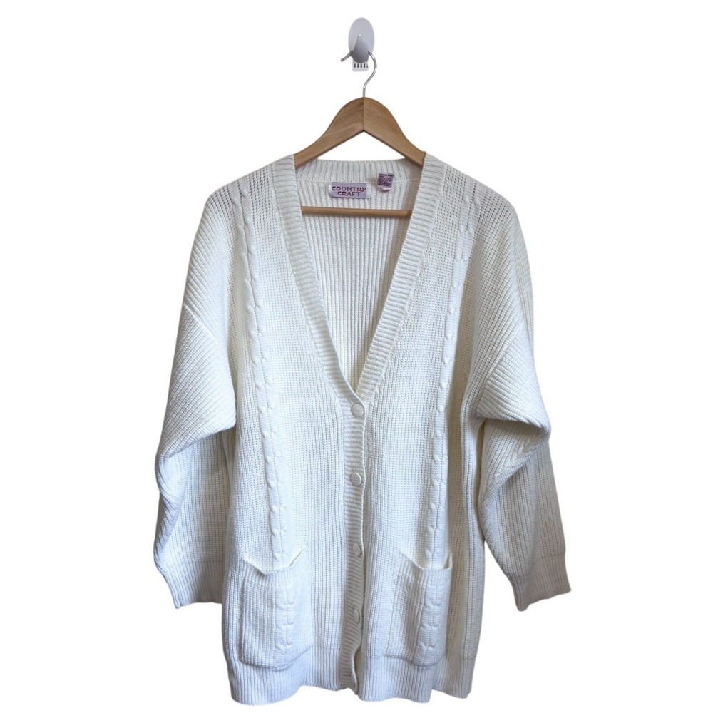Country Craft Womens Vintage Cable Knit Cardigan 40 White Oversized Sweater